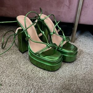 Metallic Green Platform Lace-Up Block Heels